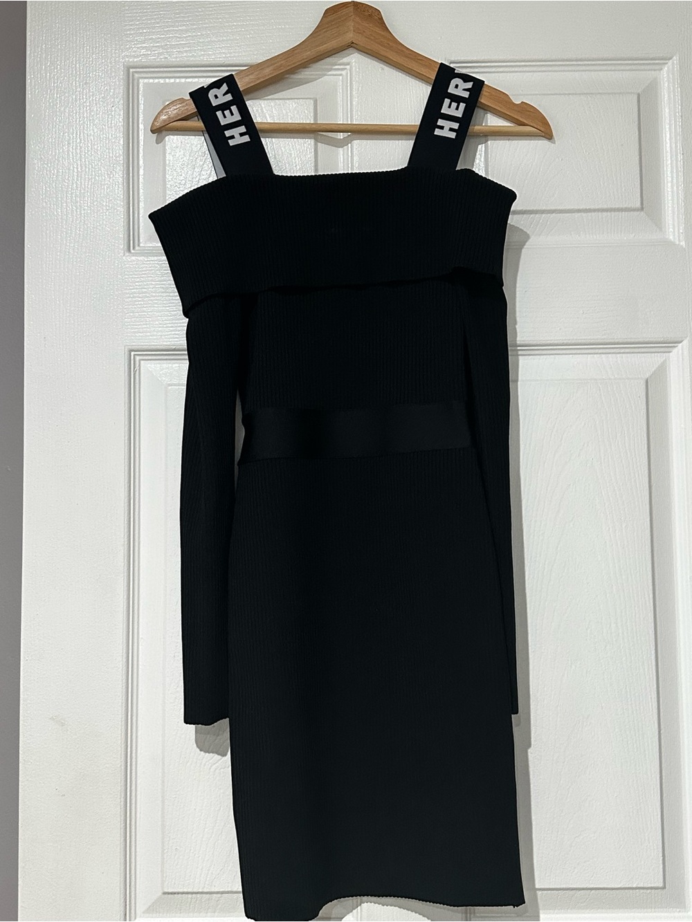 Herve Leger Black One-Shoulder Knit Dress with Branded Straps